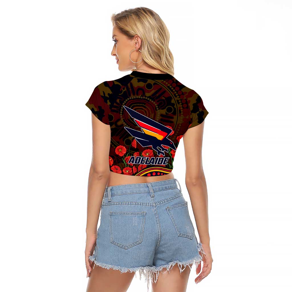 Adelaide Crows ANZAC Day Raglan Cropped T Shirt Indigenous Dot Art with Poppy Flower Tribute