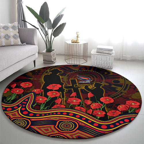 Adelaide Crows ANZAC Day Round Carpet Indigenous Dot Art with Poppy Flower Tribute