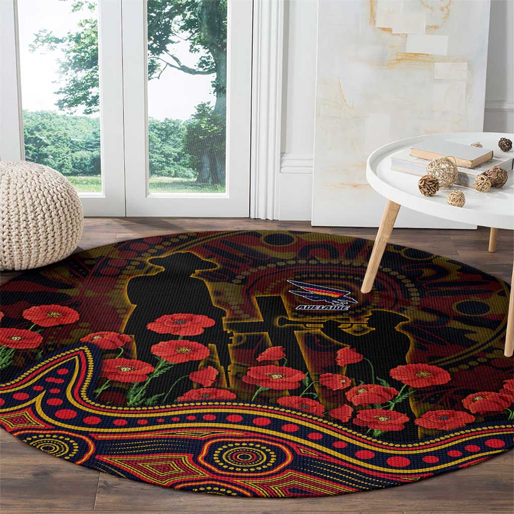 Adelaide Crows ANZAC Day Round Carpet Indigenous Dot Art with Poppy Flower Tribute