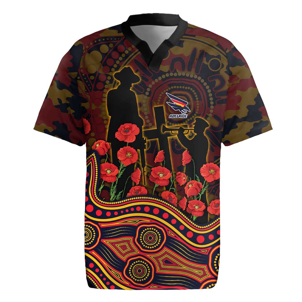Adelaide Crows ANZAC Day Rugby Jersey Indigenous Dot Art with Poppy Flower Tribute