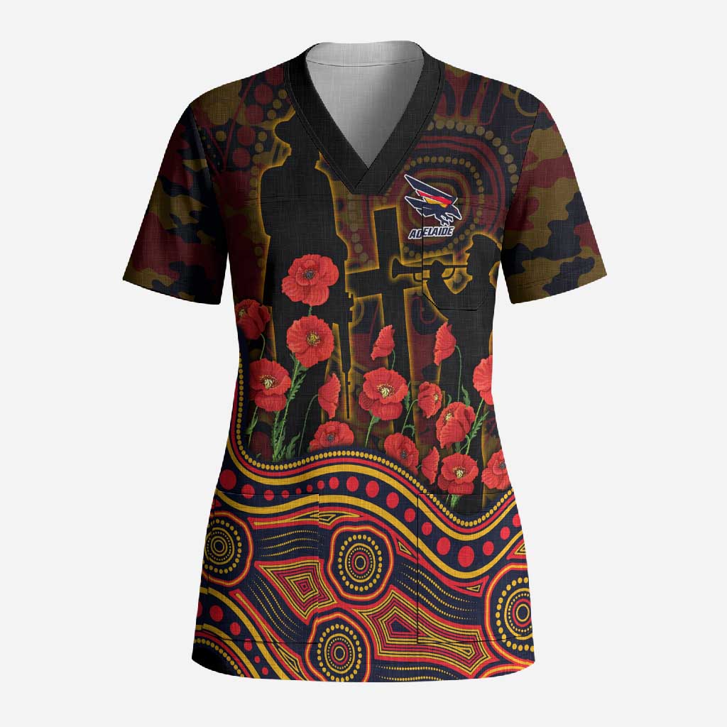 Adelaide Crows ANZAC Day Scrub Top Indigenous Dot Art with Poppy Flower Tribute