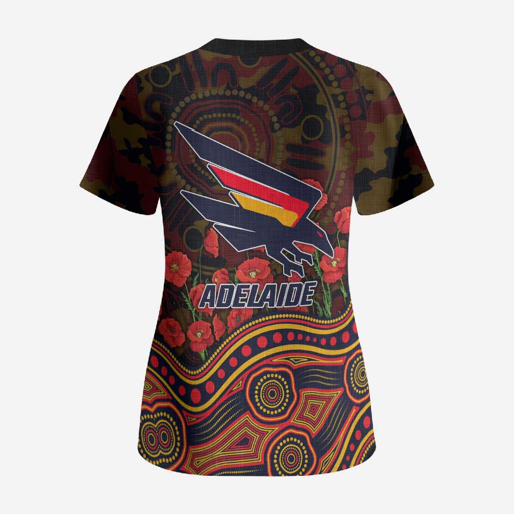 Adelaide Crows ANZAC Day Scrub Top Indigenous Dot Art with Poppy Flower Tribute