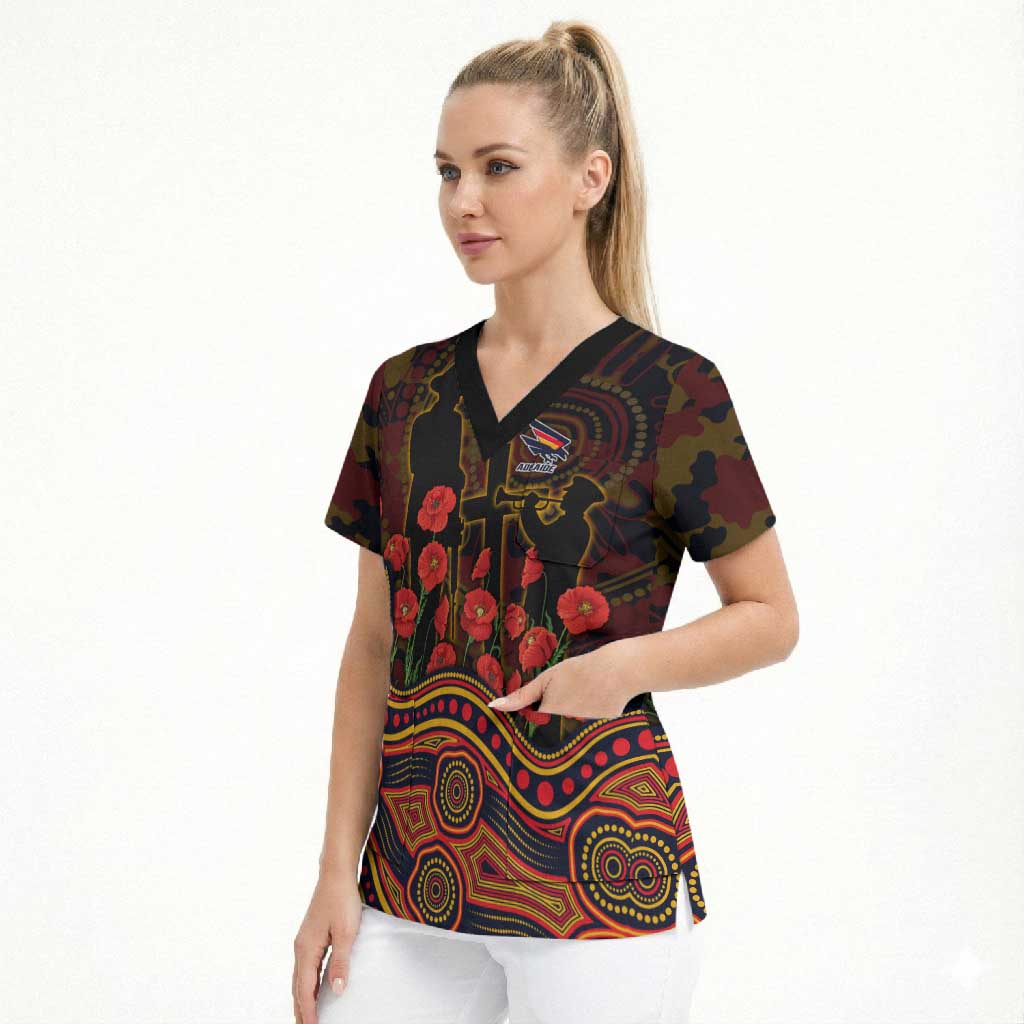 Adelaide Crows ANZAC Day Scrub Top Indigenous Dot Art with Poppy Flower Tribute