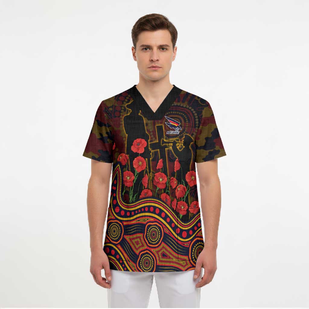 Adelaide Crows ANZAC Day Scrub Top Indigenous Dot Art with Poppy Flower Tribute