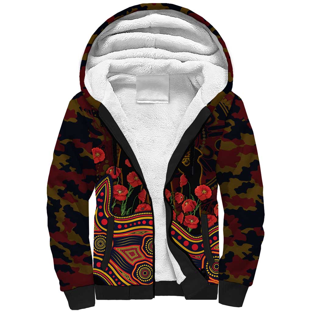 Adelaide Crows ANZAC Day Sherpa Hoodie Indigenous Dot Art with Poppy Flower Tribute