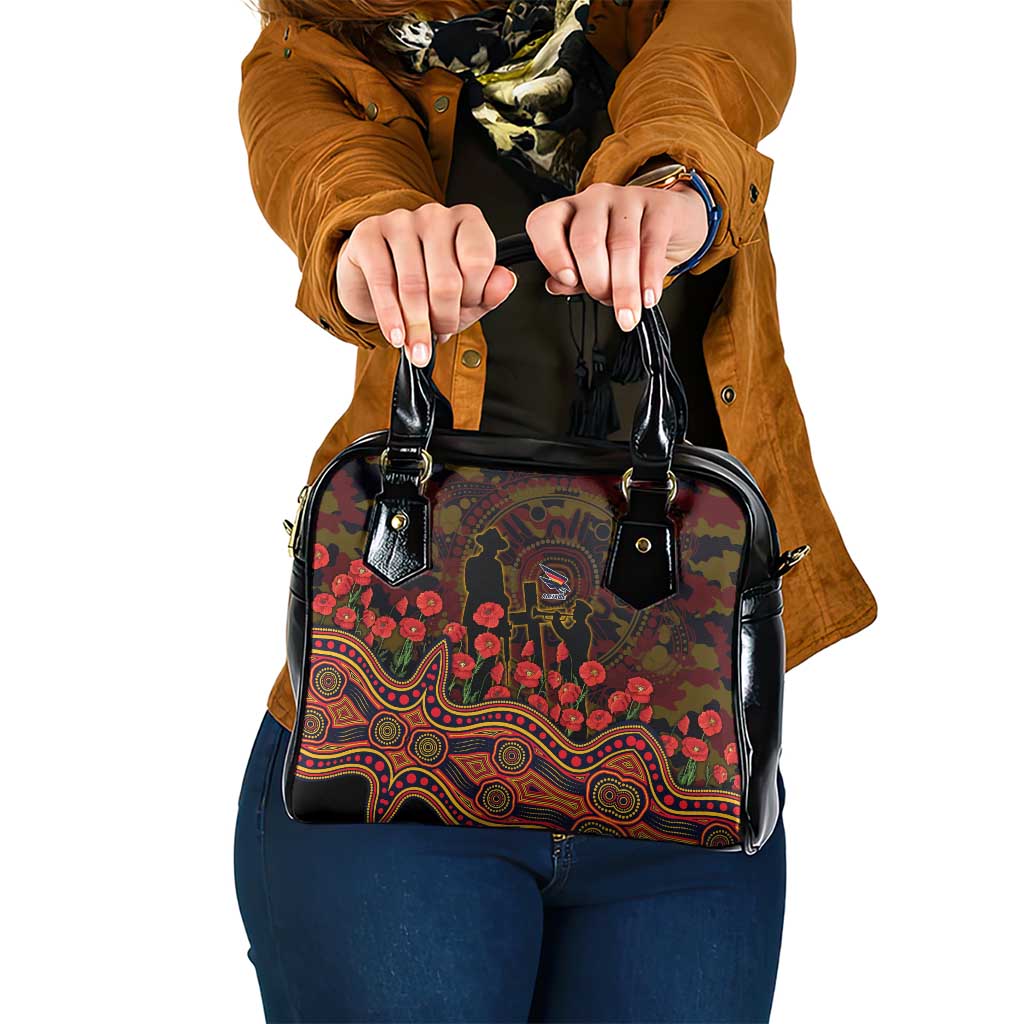 Adelaide Crows ANZAC Day Shoulder Handbag Indigenous Dot Art with Poppy Flower Tribute