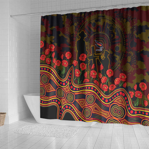 Adelaide Crows ANZAC Day Shower Curtain Indigenous Dot Art with Poppy Flower Tribute