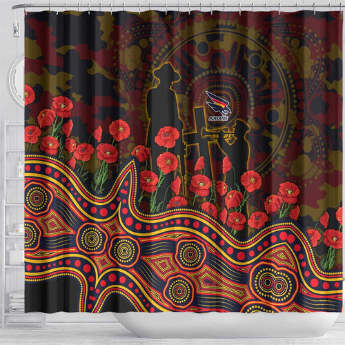 Adelaide Crows ANZAC Day Shower Curtain Indigenous Dot Art with Poppy Flower Tribute