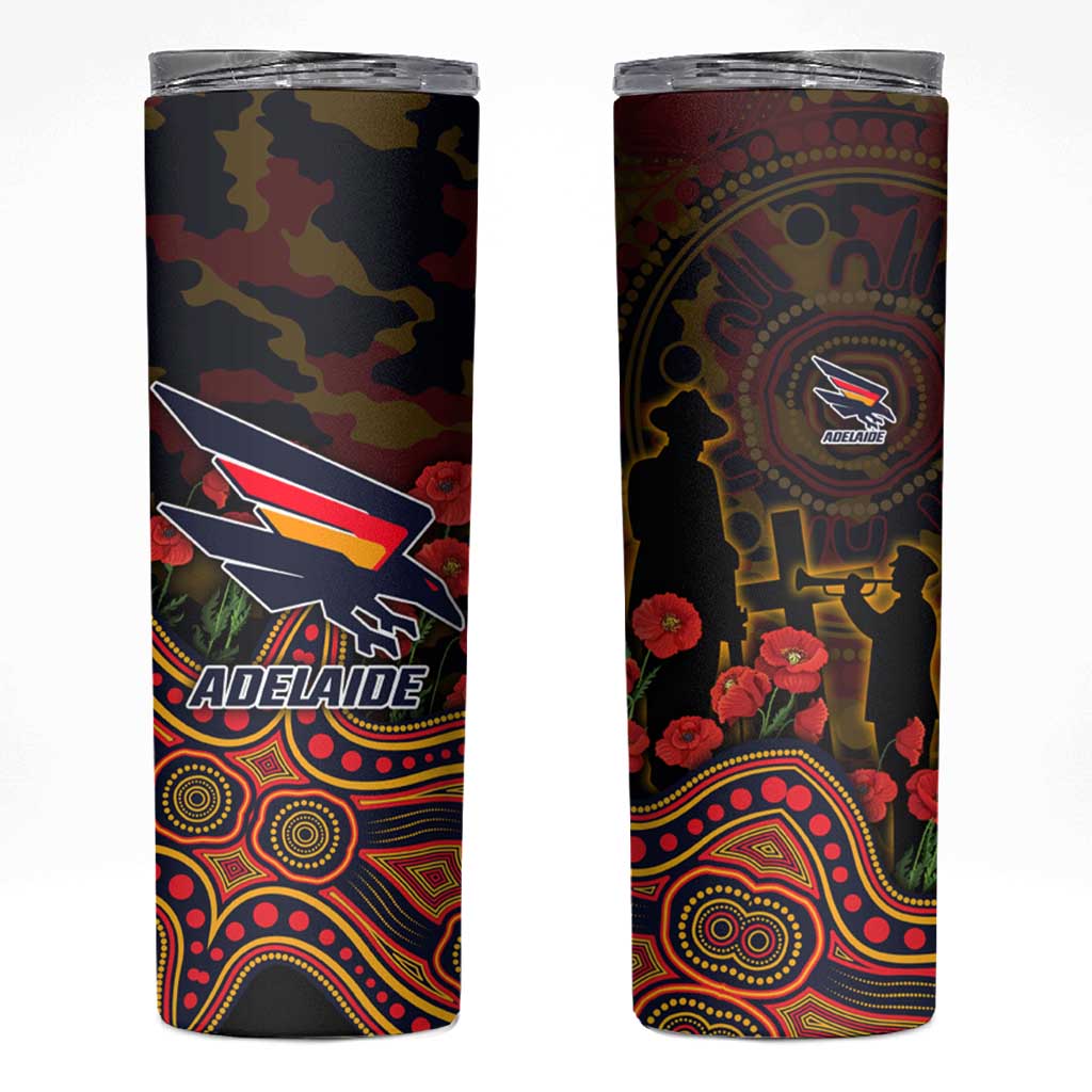 Adelaide Crows ANZAC Day Skinny Tumbler Indigenous Dot Art with Poppy Flower Tribute