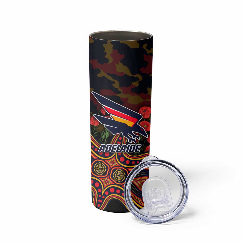Adelaide Crows ANZAC Day Skinny Tumbler Indigenous Dot Art with Poppy Flower Tribute