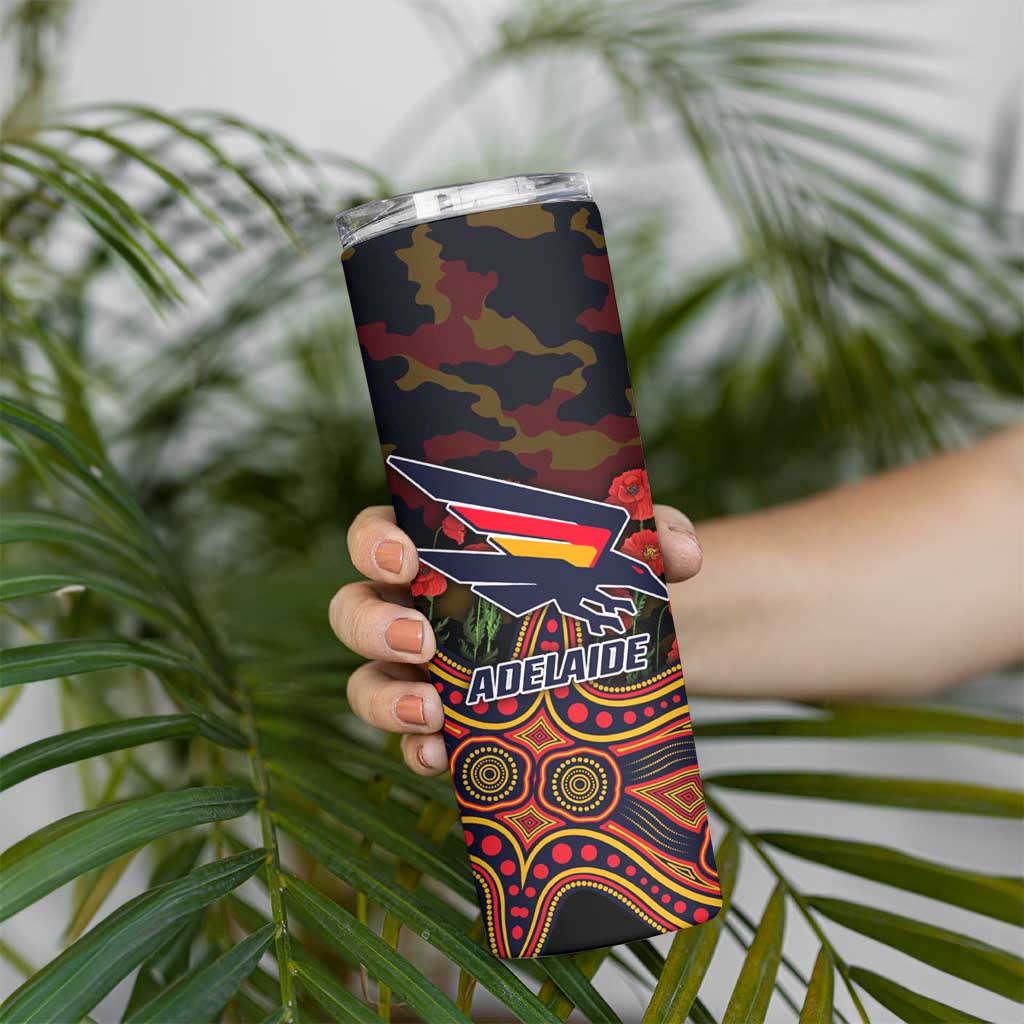 Adelaide Crows ANZAC Day Skinny Tumbler Indigenous Dot Art with Poppy Flower Tribute