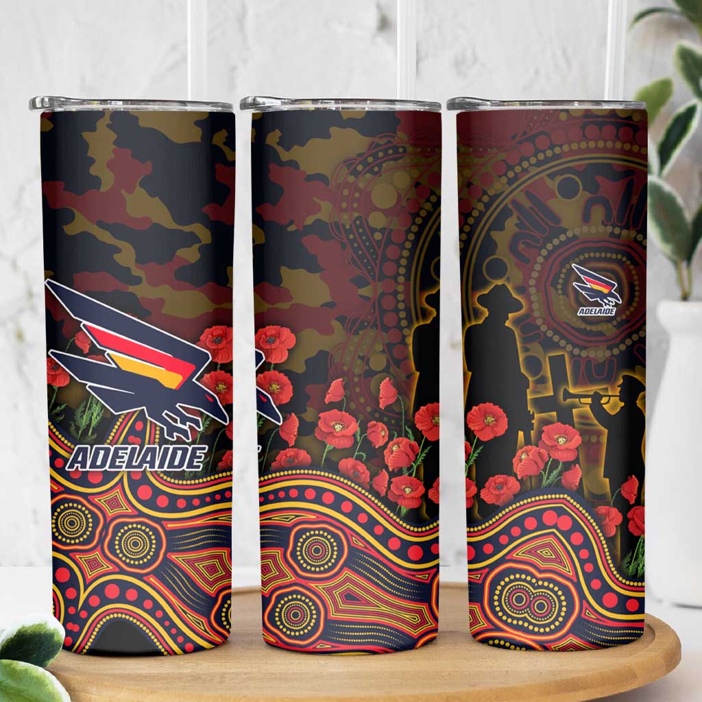 Adelaide Crows ANZAC Day Skinny Tumbler Indigenous Dot Art with Poppy Flower Tribute