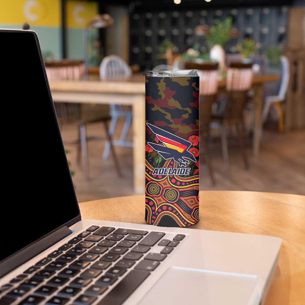 Adelaide Crows ANZAC Day Skinny Tumbler Indigenous Dot Art with Poppy Flower Tribute