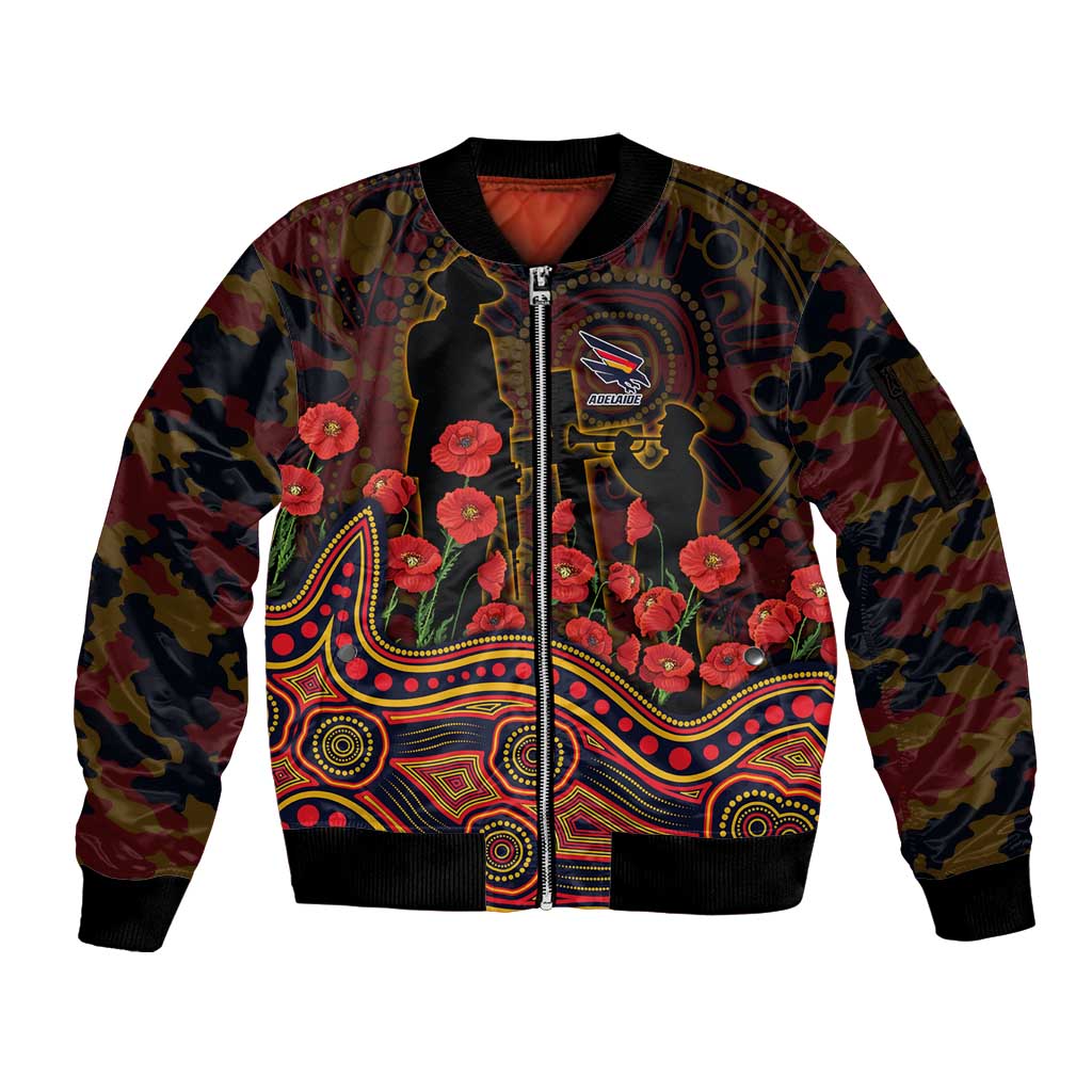 Adelaide Crows ANZAC Day Sleeve Zip Bomber Jacket Indigenous Dot Art with Poppy Flower Tribute