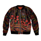 Adelaide Crows ANZAC Day Sleeve Zip Bomber Jacket Indigenous Dot Art with Poppy Flower Tribute