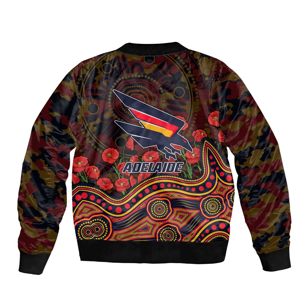 Adelaide Crows ANZAC Day Sleeve Zip Bomber Jacket Indigenous Dot Art with Poppy Flower Tribute