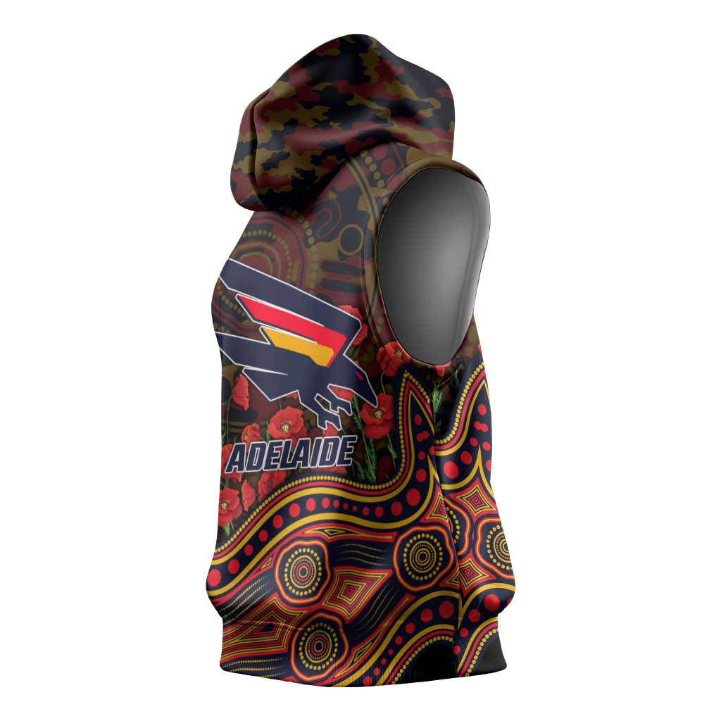 Adelaide Crows ANZAC Day Sleeveless Hoodie Indigenous Dot Art with Poppy Flower Tribute