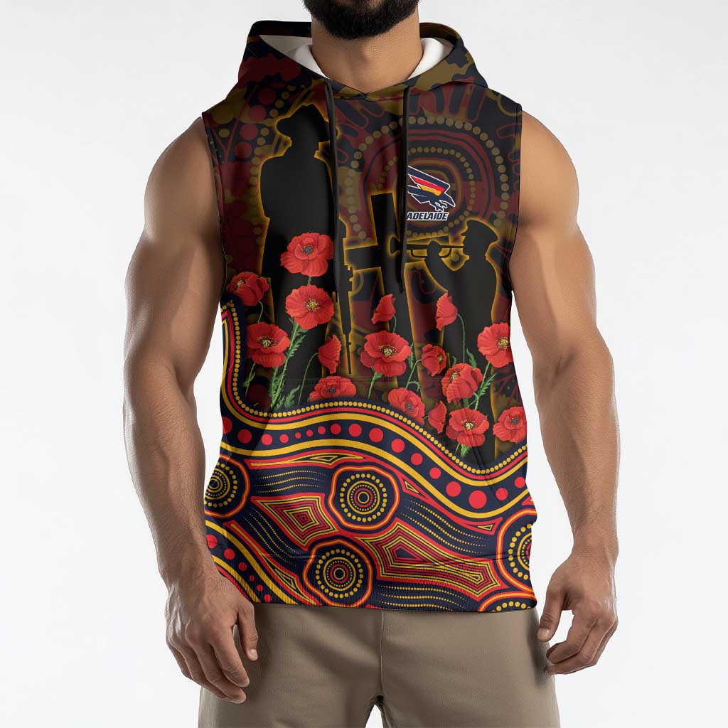 Adelaide Crows ANZAC Day Sleeveless Hoodie Indigenous Dot Art with Poppy Flower Tribute