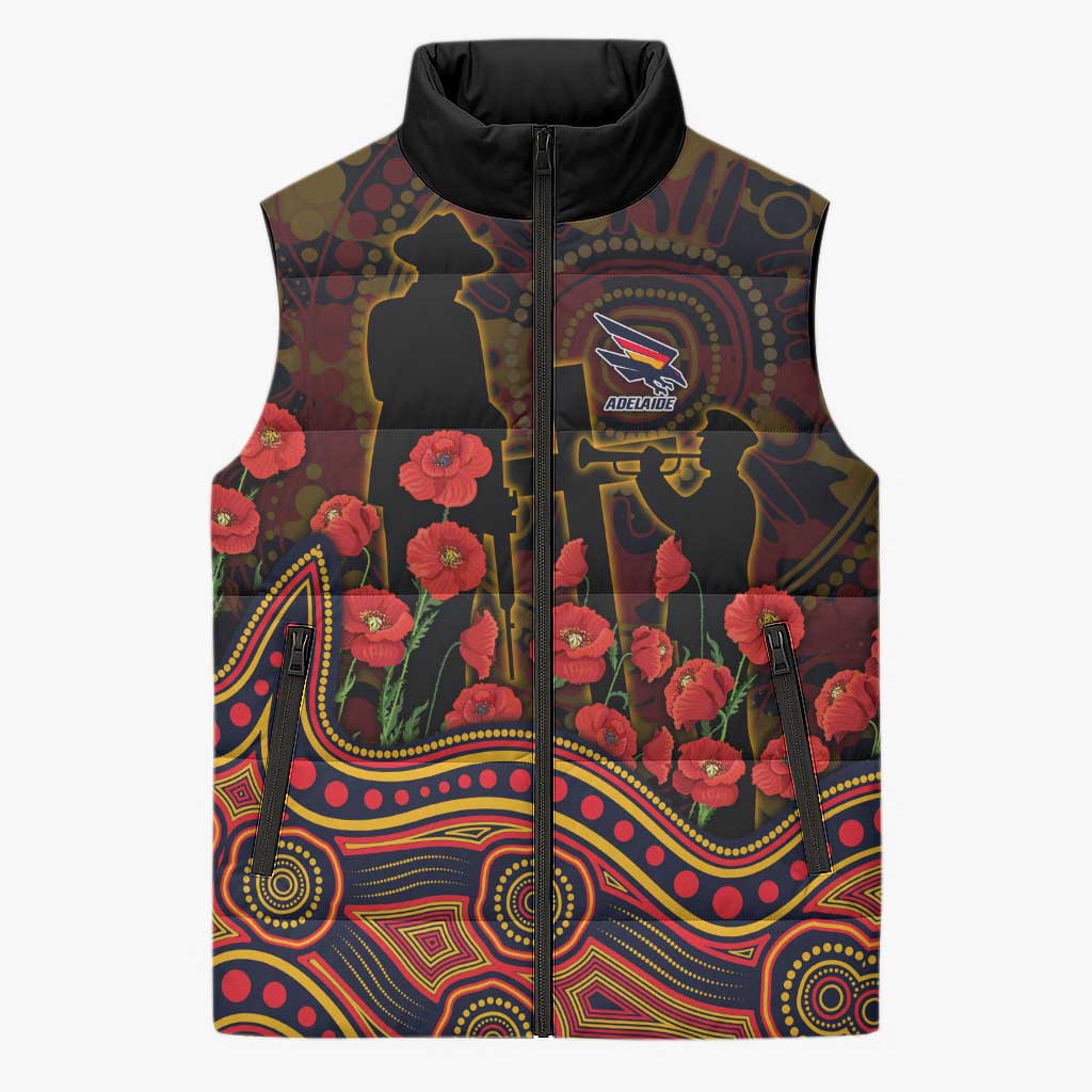 Adelaide Crows ANZAC Day Sleeveless Puffer Jacket Indigenous Dot Art with Poppy Flower Tribute