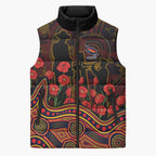 Adelaide Crows ANZAC Day Sleeveless Puffer Jacket Indigenous Dot Art with Poppy Flower Tribute