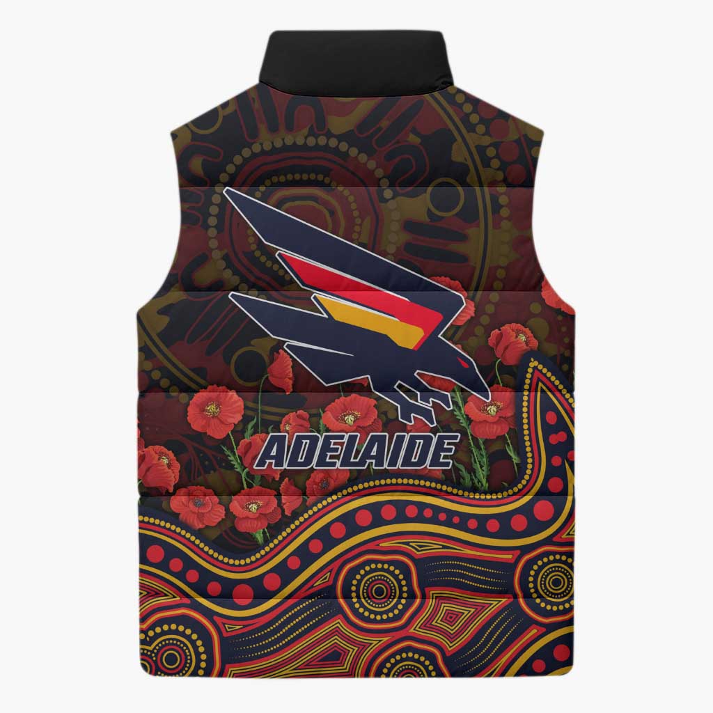 Adelaide Crows ANZAC Day Sleeveless Puffer Jacket Indigenous Dot Art with Poppy Flower Tribute