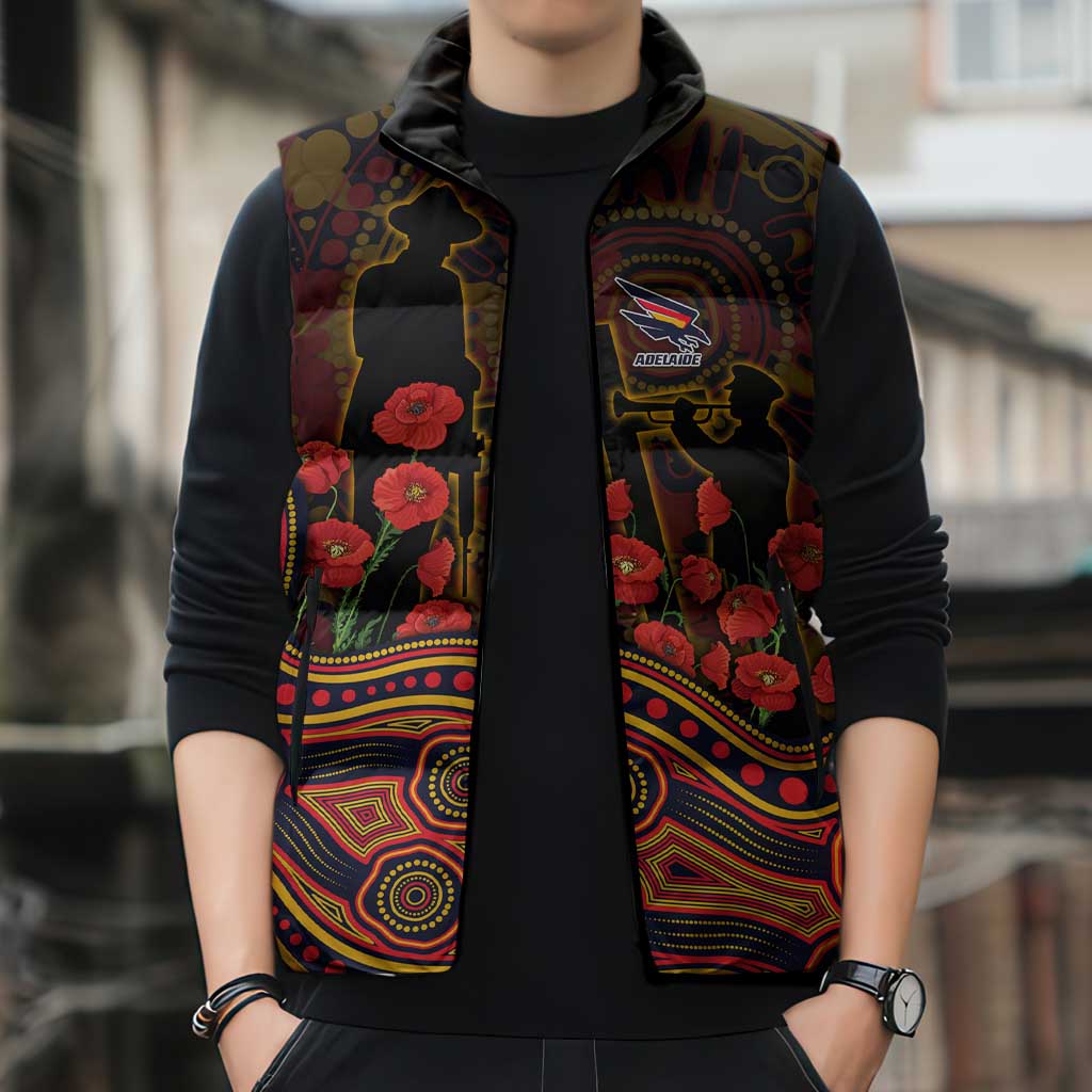 Adelaide Crows ANZAC Day Sleeveless Puffer Jacket Indigenous Dot Art with Poppy Flower Tribute