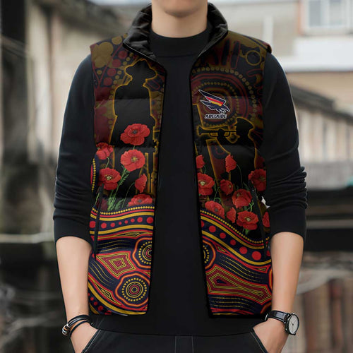 Adelaide Crows ANZAC Day Sleeveless Puffer Jacket Indigenous Dot Art with Poppy Flower Tribute