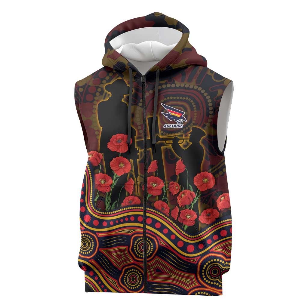 Adelaide Crows ANZAC Day Sleeveless Zip Hoodie Indigenous Dot Art with Poppy Flower Tribute