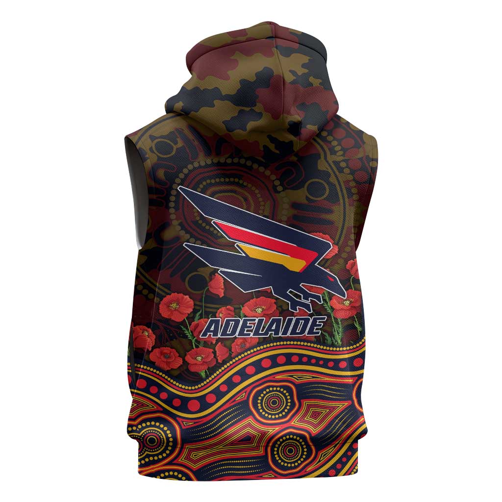 Adelaide Crows ANZAC Day Sleeveless Zip Hoodie Indigenous Dot Art with Poppy Flower Tribute