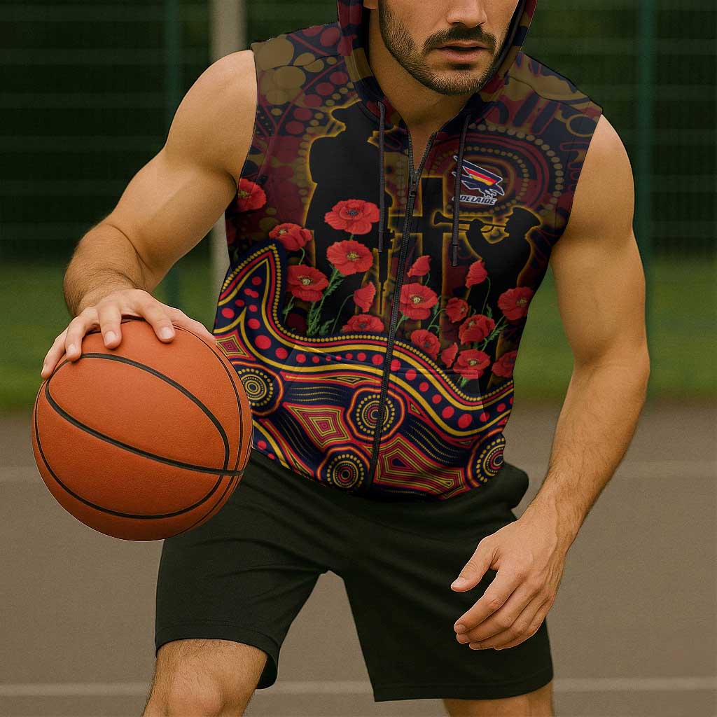 Adelaide Crows ANZAC Day Sleeveless Zip Hoodie Indigenous Dot Art with Poppy Flower Tribute