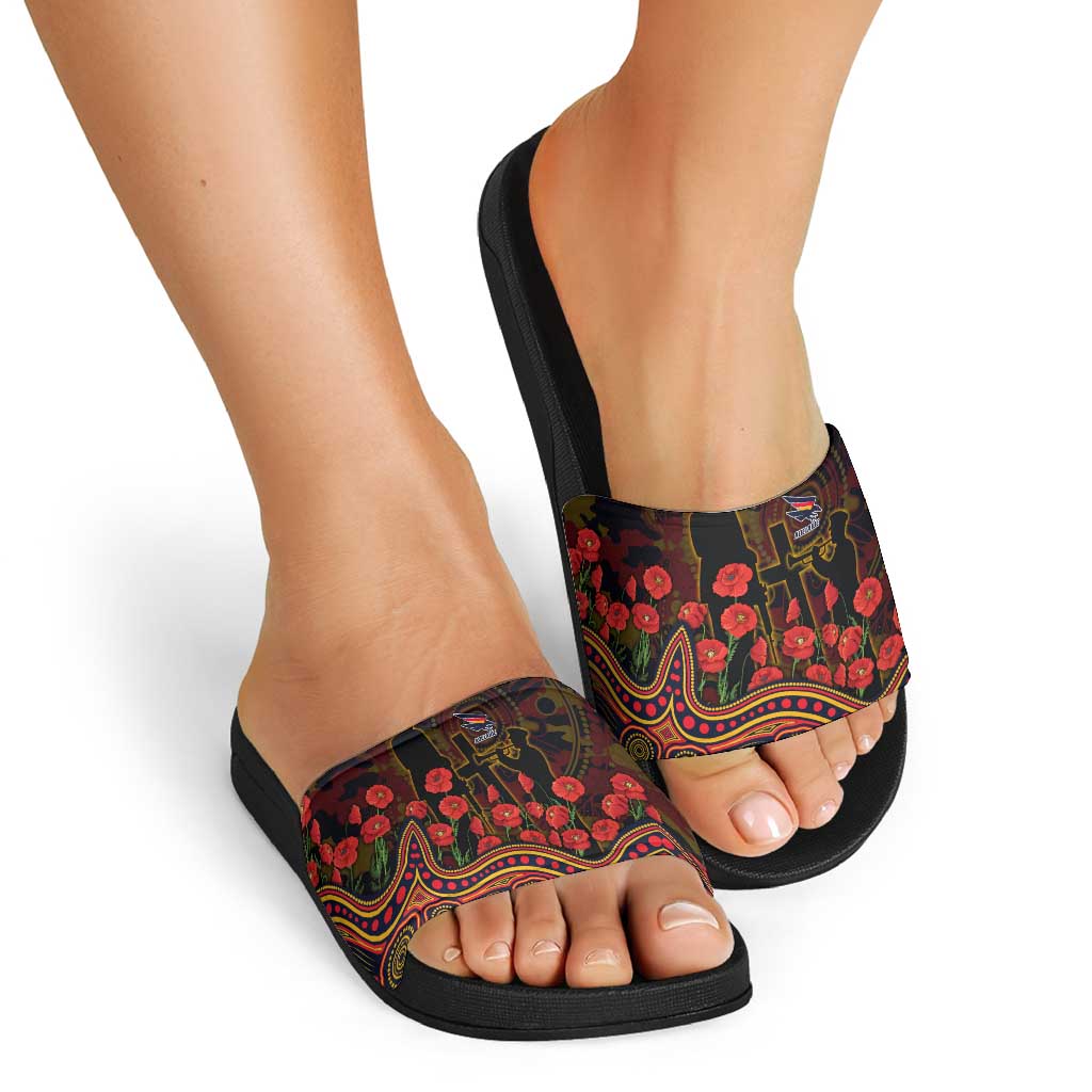 Adelaide Crows ANZAC Day Slide Sandals Indigenous Dot Art with Poppy Flower Tribute