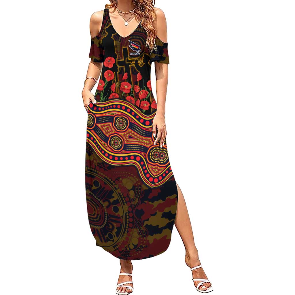 Adelaide Crows ANZAC Day Summer Maxi Dress Indigenous Dot Art with Poppy Flower Tribute