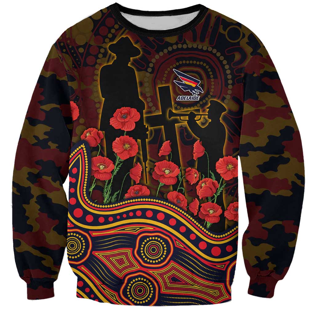 Adelaide Crows ANZAC Day Sweatshirt Indigenous Dot Art with Poppy Flower Tribute