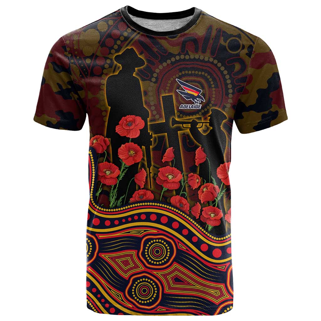 Adelaide Crows ANZAC Day T Shirt Indigenous Dot Art with Poppy Flower Tribute
