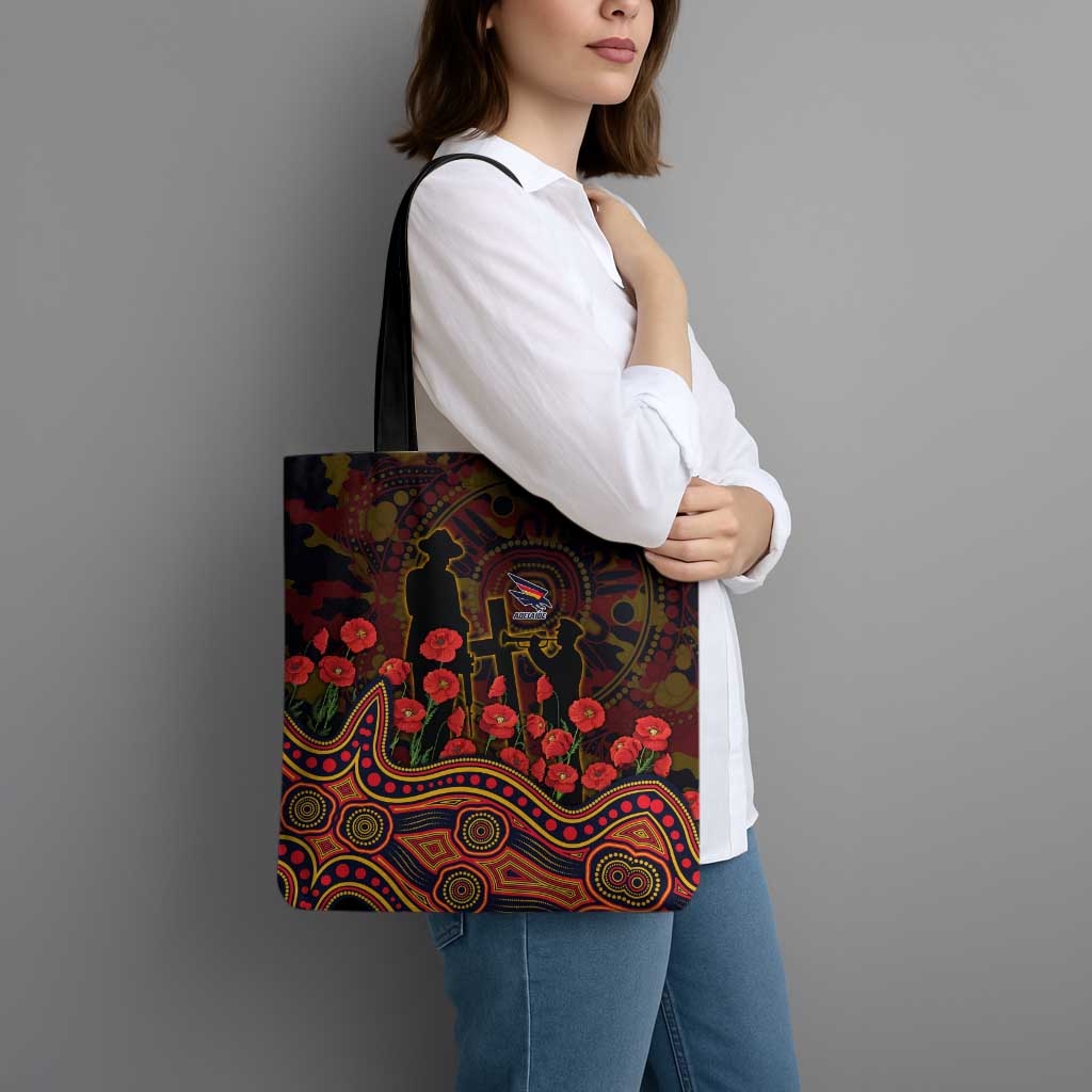 Adelaide Crows ANZAC Day Tote Bag Indigenous Dot Art with Poppy Flower Tribute