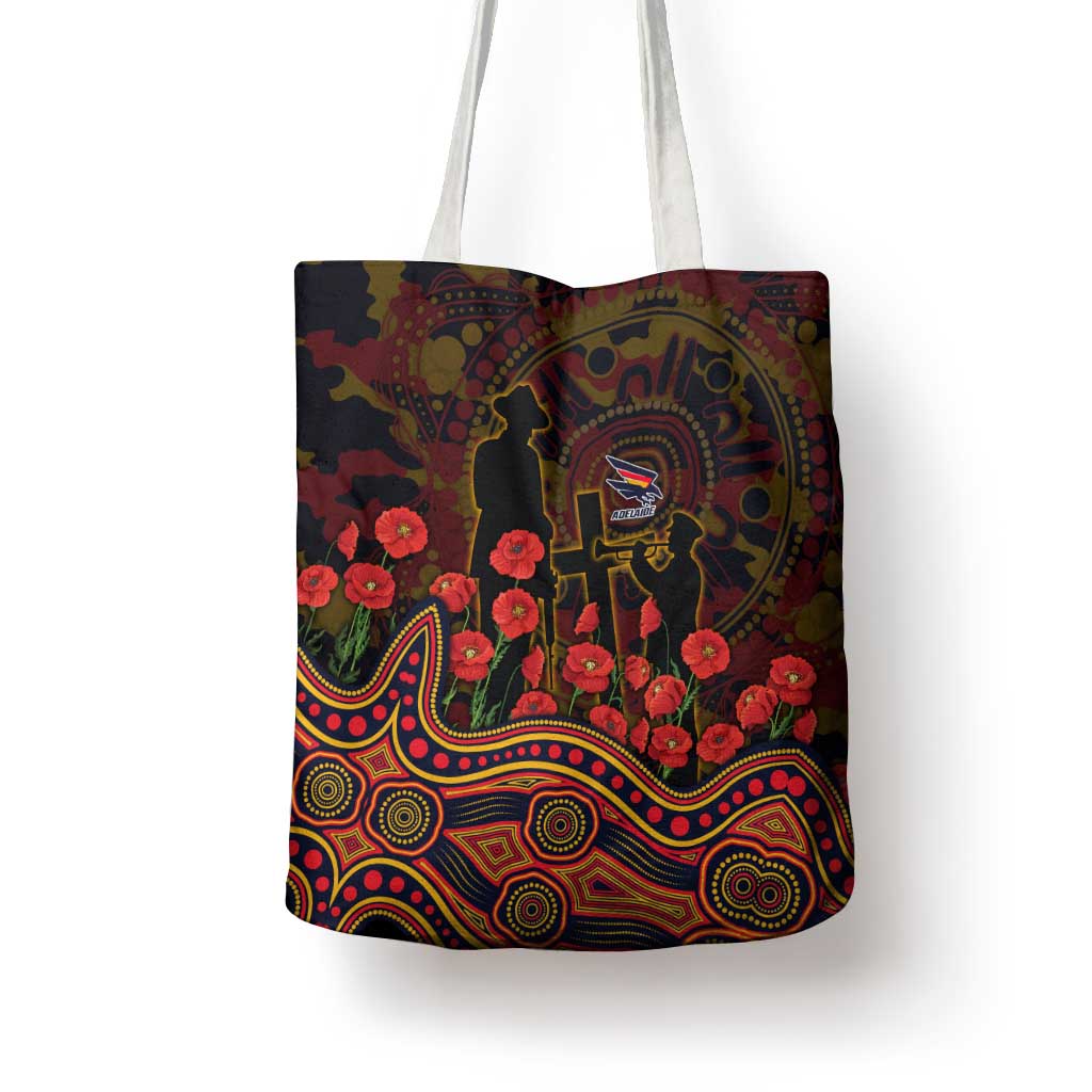 Adelaide Crows ANZAC Day Tote Bag Indigenous Dot Art with Poppy Flower Tribute