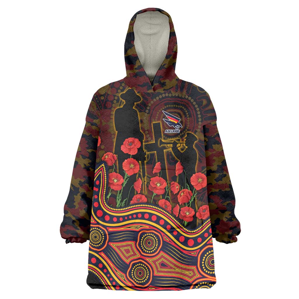 Adelaide Crows ANZAC Day Wearable Blanket Hoodie Indigenous Dot Art with Poppy Flower Tribute
