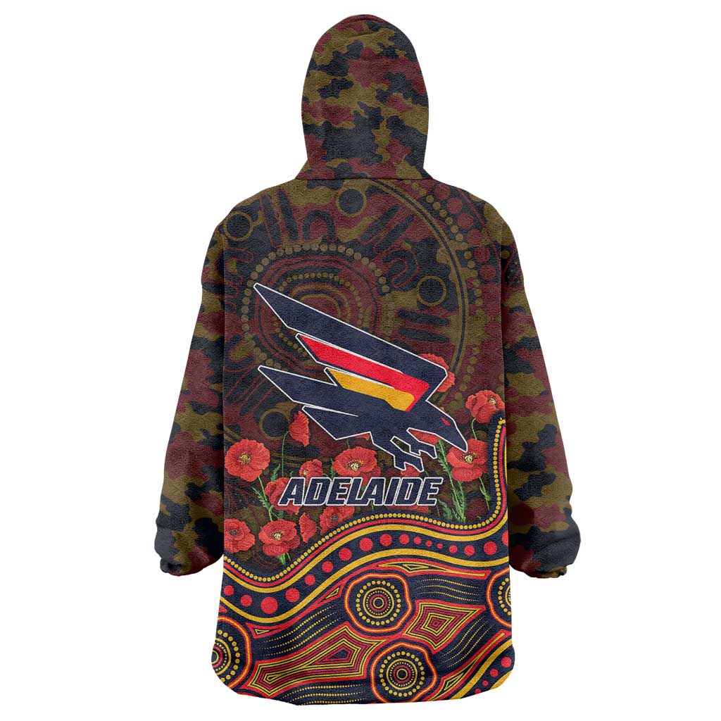 Adelaide Crows ANZAC Day Wearable Blanket Hoodie Indigenous Dot Art with Poppy Flower Tribute