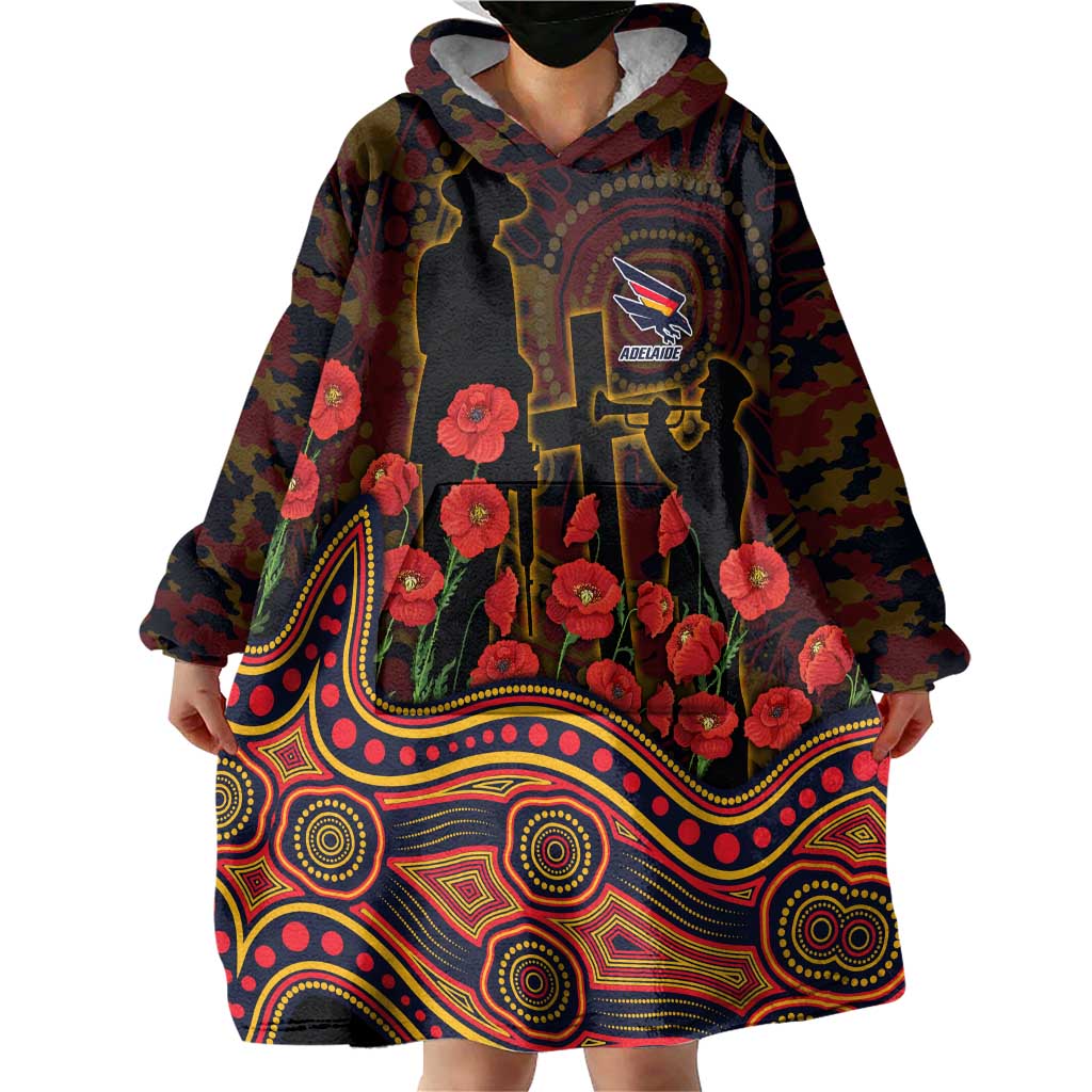 Adelaide Crows ANZAC Day Wearable Blanket Hoodie Indigenous Dot Art with Poppy Flower Tribute