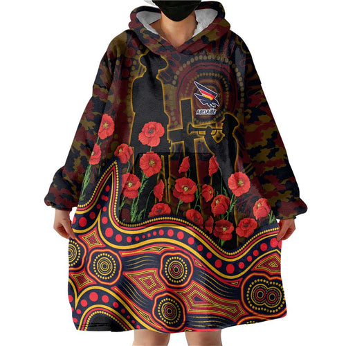 Adelaide Crows ANZAC Day Wearable Blanket Hoodie Indigenous Dot Art with Poppy Flower Tribute
