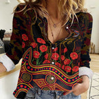 Adelaide Crows ANZAC Day Women Casual Shirt Indigenous Dot Art with Poppy Flower Tribute