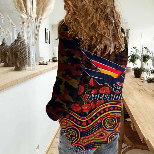 Adelaide Crows ANZAC Day Women Casual Shirt Indigenous Dot Art with Poppy Flower Tribute