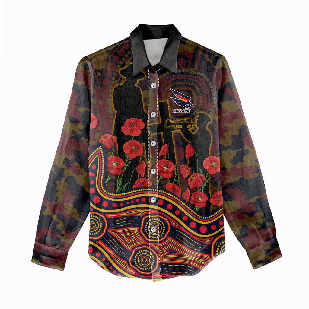 Adelaide Crows ANZAC Day Women Casual Shirt Indigenous Dot Art with Poppy Flower Tribute