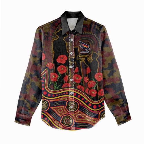 Adelaide Crows ANZAC Day Women Casual Shirt Indigenous Dot Art with Poppy Flower Tribute