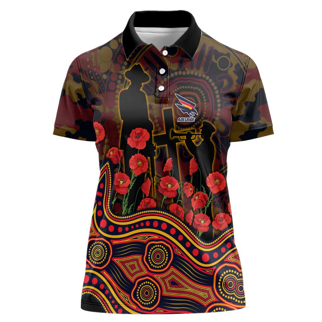 Adelaide Crows ANZAC Day Women Polo Shirt Indigenous Dot Art with Poppy Flower Tribute