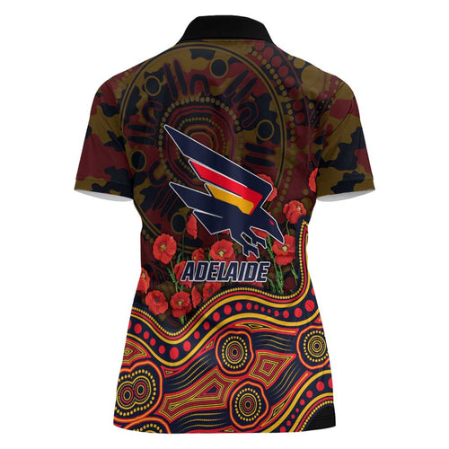 Adelaide Crows ANZAC Day Women Polo Shirt Indigenous Dot Art with Poppy Flower Tribute