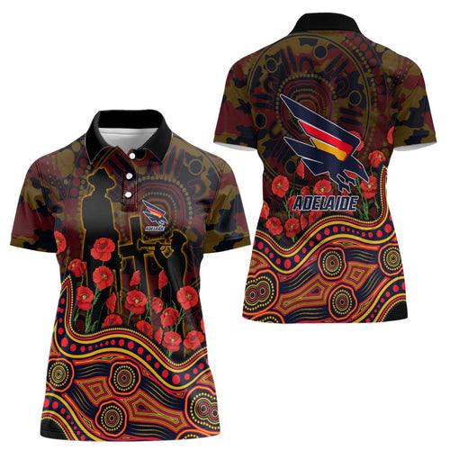 Adelaide Crows ANZAC Day Women Polo Shirt Indigenous Dot Art with Poppy Flower Tribute