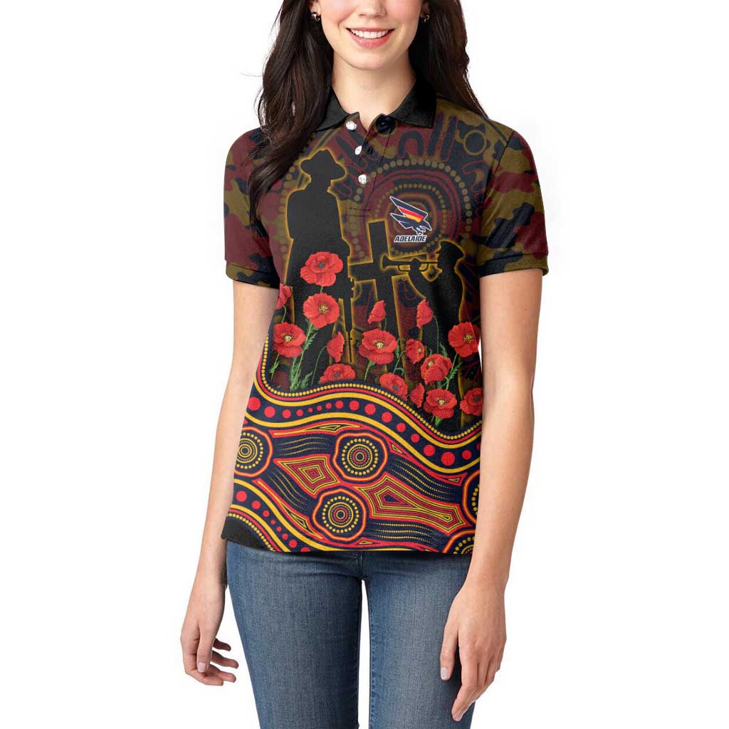 Adelaide Crows ANZAC Day Women Polo Shirt Indigenous Dot Art with Poppy Flower Tribute