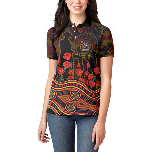 Adelaide Crows ANZAC Day Women Polo Shirt Indigenous Dot Art with Poppy Flower Tribute