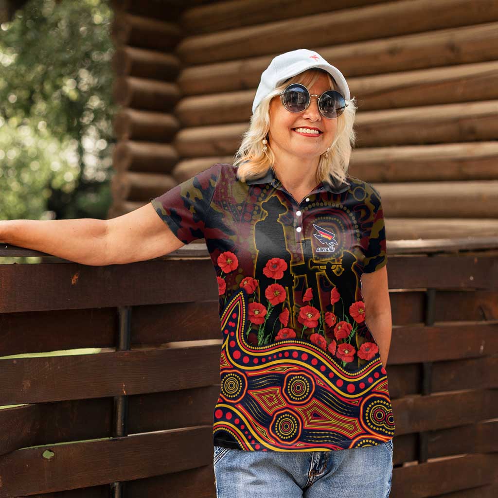 Adelaide Crows ANZAC Day Women Polo Shirt Indigenous Dot Art with Poppy Flower Tribute
